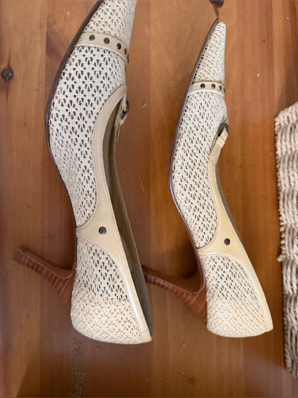 Stuart Weitzman Vintage Pointed Toe Cream Woven Pumps with Stud Accent